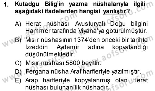 XI-XIII. Yüzyıllar Türk Dili Dersi Ara Sınavı Deneme Sınav Soruları 1. Soru