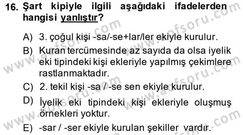 XI-XIII. Yüzyıllar Türk Dili Dersi Ara Sınavı Deneme Sınav Soruları 16. Soru