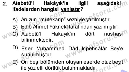 XI-XIII. Yüzyıllar Türk Dili Dersi Ara Sınavı Deneme Sınav Soruları 2. Soru