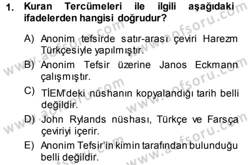 XI-XIII. Yüzyıllar Türk Dili Dersi 2013 - 2014 Yılı (Final) Dönem Sonu Sınav Soruları 1. Soru