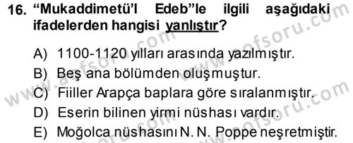 XI-XIII. Yüzyıllar Türk Dili Dersi 2013 - 2014 Yılı Tek Ders Sınav Soruları 16. Soru
