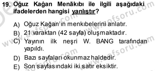 XI-XIII. Yüzyıllar Türk Dili Dersi 2013 - 2014 Yılı Tek Ders Sınav Soruları 19. Soru