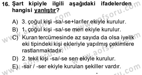 XI-XIII. Yüzyıllar Türk Dili Dersi Ara Sınavı Deneme Sınav Soruları 16. Soru