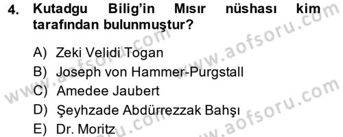 XI-XIII. Yüzyıllar Türk Dili Dersi Ara Sınavı Deneme Sınav Soruları 4. Soru
