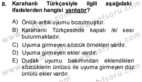 XI-XIII. Yüzyıllar Türk Dili Dersi Ara Sınavı Deneme Sınav Soruları 8. Soru