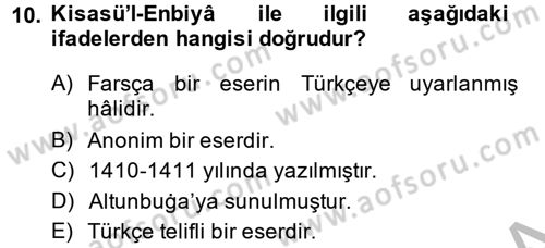 XI-XIII. Yüzyıllar Türk Dili Dersi 2014 - 2015 Yılı (Final) Dönem Sonu Sınav Soruları 10. Soru