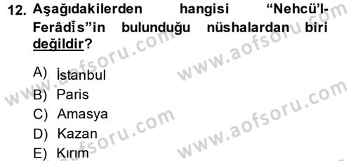 XI-XIII. Yüzyıllar Türk Dili Dersi 2014 - 2015 Yılı (Final) Dönem Sonu Sınav Soruları 12. Soru