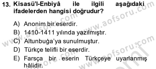 XI-XIII. Yüzyıllar Türk Dili Dersi 2014 - 2015 Yılı Tek Ders Sınav Soruları 13. Soru
