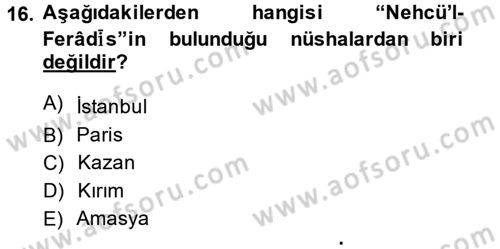 XI-XIII. Yüzyıllar Türk Dili Dersi 2014 - 2015 Yılı Tek Ders Sınav Soruları 16. Soru