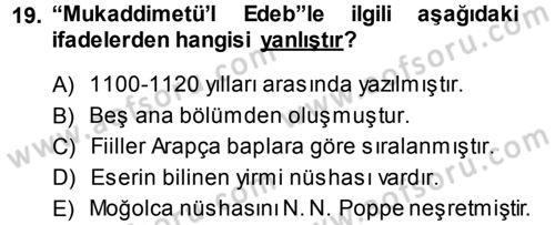 XI-XIII. Yüzyıllar Türk Dili Dersi 2014 - 2015 Yılı Tek Ders Sınav Soruları 19. Soru