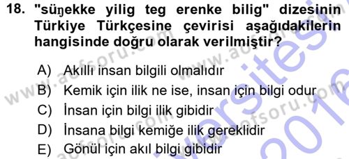 XI-XIII. Yüzyıllar Türk Dili Dersi Ara Sınavı Deneme Sınav Soruları 18. Soru