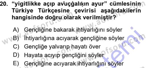 XI-XIII. Yüzyıllar Türk Dili Dersi Ara Sınavı Deneme Sınav Soruları 20. Soru