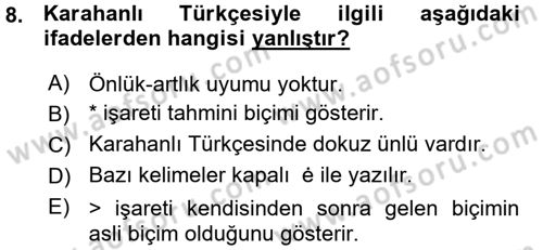 XI-XIII. Yüzyıllar Türk Dili Dersi Ara Sınavı Deneme Sınav Soruları 8. Soru
