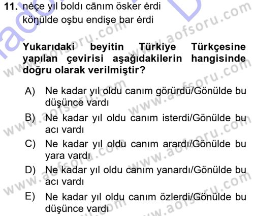 XI-XIII. Yüzyıllar Türk Dili Dersi 2015 - 2016 Yılı (Final) Dönem Sonu Sınav Soruları 11. Soru