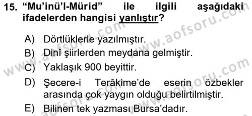 XI-XIII. Yüzyıllar Türk Dili Dersi 2015 - 2016 Yılı (Final) Dönem Sonu Sınav Soruları 15. Soru