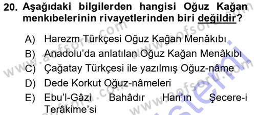 XI-XIII. Yüzyıllar Türk Dili Dersi 2015 - 2016 Yılı (Final) Dönem Sonu Sınav Soruları 20. Soru