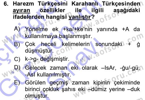 XI-XIII. Yüzyıllar Türk Dili Dersi 2015 - 2016 Yılı (Final) Dönem Sonu Sınav Soruları 6. Soru
