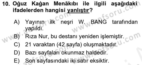 XI-XIII. Yüzyıllar Türk Dili Dersi 2015 - 2016 Yılı Tek Ders Sınav Soruları 10. Soru