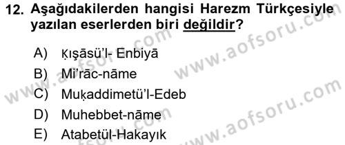 XI-XIII. Yüzyıllar Türk Dili Dersi 2015 - 2016 Yılı Tek Ders Sınav Soruları 12. Soru