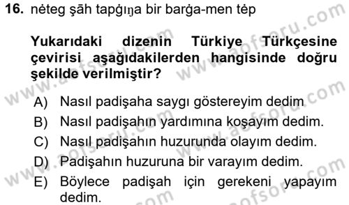 XI-XIII. Yüzyıllar Türk Dili Dersi 2015 - 2016 Yılı Tek Ders Sınav Soruları 16. Soru