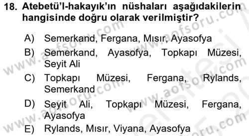 XI-XIII. Yüzyıllar Türk Dili Dersi 2015 - 2016 Yılı Tek Ders Sınav Soruları 18. Soru