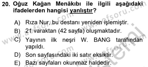 XI-XIII. Yüzyıllar Türk Dili Dersi 2016 - 2017 Yılı 3 Ders Sınav Soruları 20. Soru