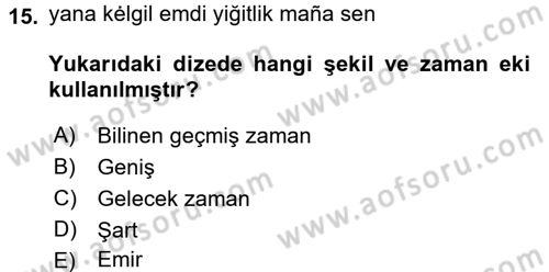 XI-XIII. Yüzyıllar Türk Dili Dersi Ara Sınavı Deneme Sınav Soruları 15. Soru