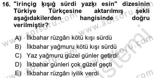 XI-XIII. Yüzyıllar Türk Dili Dersi Ara Sınavı Deneme Sınav Soruları 16. Soru