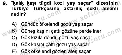 XI-XIII. Yüzyıllar Türk Dili Dersi Ara Sınavı Deneme Sınav Soruları 9. Soru