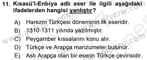 XI-XIII. Yüzyıllar Türk Dili Dersi 2017 - 2018 Yılı (Final) Dönem Sonu Sınav Soruları 11. Soru