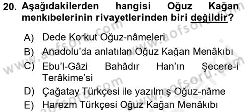 XI-XIII. Yüzyıllar Türk Dili Dersi 2017 - 2018 Yılı (Final) Dönem Sonu Sınav Soruları 20. Soru