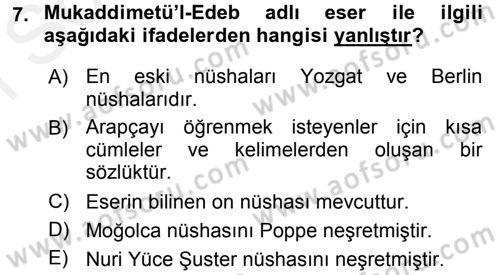 XI-XIII. Yüzyıllar Türk Dili Dersi 2017 - 2018 Yılı (Final) Dönem Sonu Sınav Soruları 7. Soru