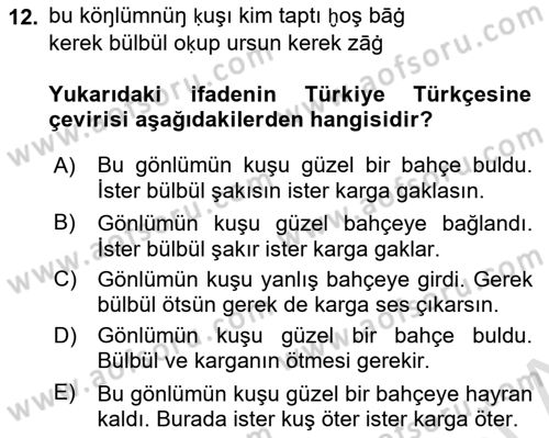 XI-XIII. Yüzyıllar Türk Dili Dersi 2018 - 2019 Yılı 3 Ders Sınav Soruları 12. Soru