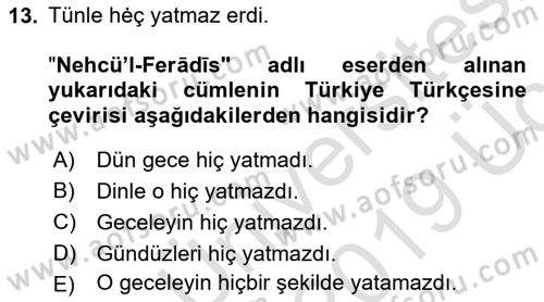 XI-XIII. Yüzyıllar Türk Dili Dersi 2018 - 2019 Yılı 3 Ders Sınav Soruları 13. Soru