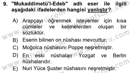 XI-XIII. Yüzyıllar Türk Dili Dersi 2018 - 2019 Yılı 3 Ders Sınav Soruları 9. Soru