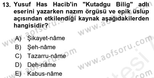 XI-XIII. Yüzyıllar Türk Dili Dersi Ara Sınavı Deneme Sınav Soruları 13. Soru