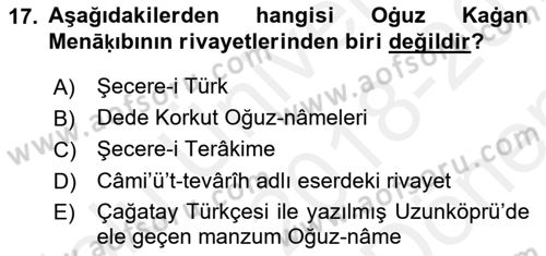XI-XIII. Yüzyıllar Türk Dili Dersi 2018 - 2019 Yılı (Final) Dönem Sonu Sınav Soruları 17. Soru