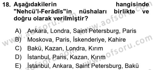 XI-XIII. Yüzyıllar Türk Dili Dersi 2018 - 2019 Yılı (Final) Dönem Sonu Sınav Soruları 18. Soru
