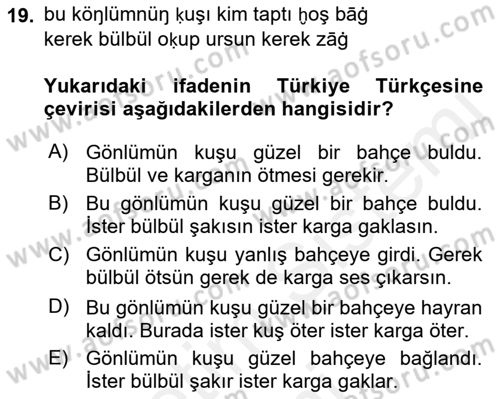 XI-XIII. Yüzyıllar Türk Dili Dersi 2018 - 2019 Yılı (Final) Dönem Sonu Sınav Soruları 19. Soru