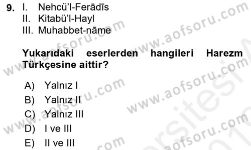 XI-XIII. Yüzyıllar Türk Dili Dersi 2018 - 2019 Yılı (Final) Dönem Sonu Sınav Soruları 9. Soru