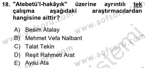 XI-XIII. Yüzyıllar Türk Dili Dersi Ara Sınavı Deneme Sınav Soruları 18. Soru