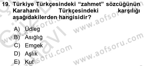 XI-XIII. Yüzyıllar Türk Dili Dersi Ara Sınavı Deneme Sınav Soruları 19. Soru