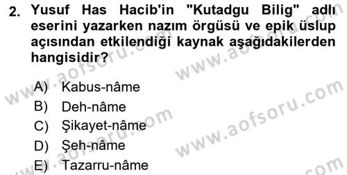 XI-XIII. Yüzyıllar Türk Dili Dersi Ara Sınavı Deneme Sınav Soruları 2. Soru