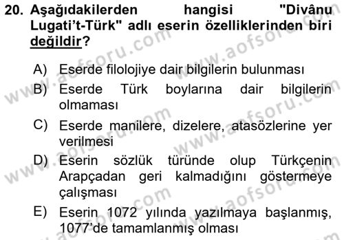 XI-XIII. Yüzyıllar Türk Dili Dersi 2019 - 2020 Yılı (Vize) Ara Sınav Soruları 20. Soru
