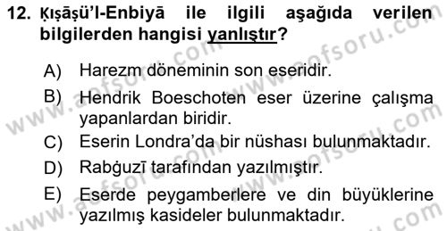 XI-XIII. Yüzyıllar Türk Dili Dersi 2019 - 2020 Yılı (Final) Dönem Sonu Sınav Soruları 12. Soru