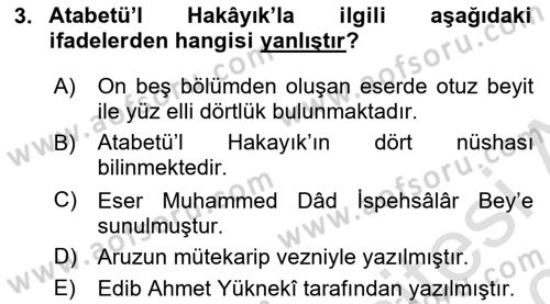 XI-XIII. Yüzyıllar Türk Dili Dersi 2019 - 2020 Yılı (Final) Dönem Sonu Sınav Soruları 3. Soru