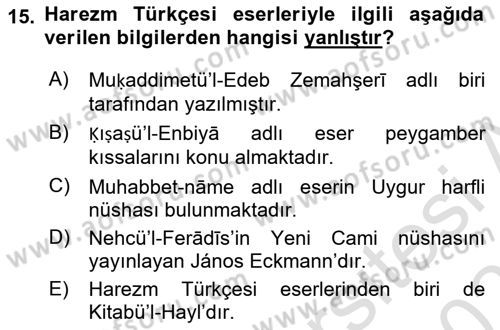 XI-XIII. Yüzyıllar Türk Dili Dersi 2020 - 2021 Yılı Yaz Okulu Sınav Soruları 15. Soru