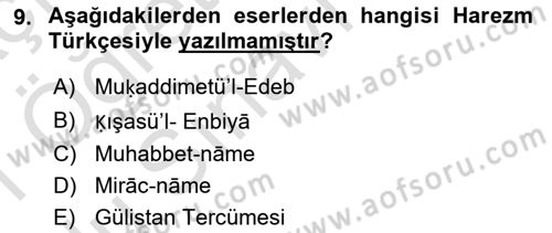 XI-XIII. Yüzyıllar Türk Dili Dersi 2020 - 2021 Yılı Yaz Okulu Sınav Soruları 9. Soru