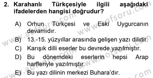 XI-XIII. Yüzyıllar Türk Dili Dersi Ara Sınavı Deneme Sınav Soruları 2. Soru