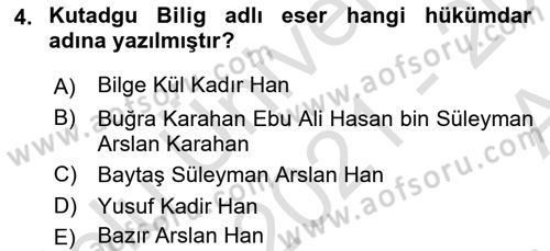 XI-XIII. Yüzyıllar Türk Dili Dersi Ara Sınavı Deneme Sınav Soruları 4. Soru
